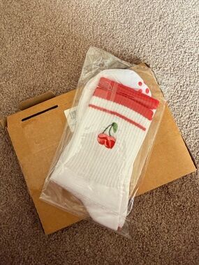 Amazon White Pilates/Yoga Socks with Red Trim and Cherry Embroidery